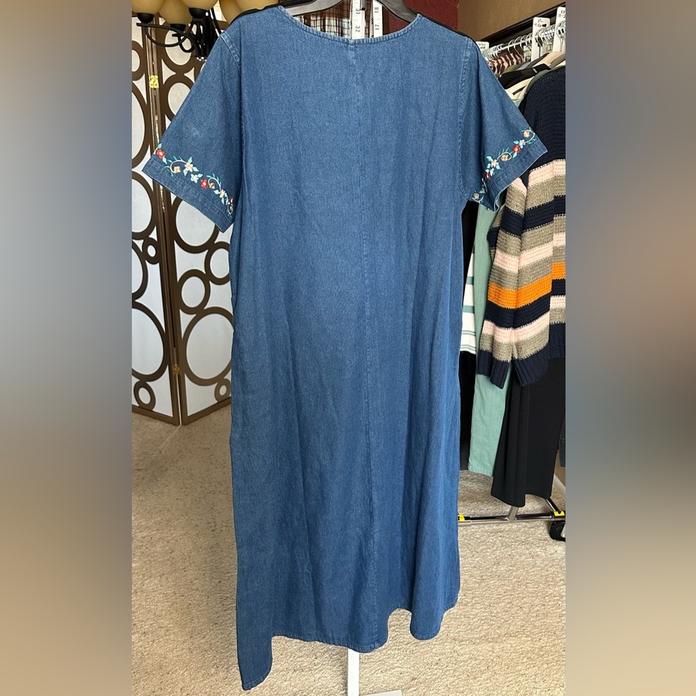 LA CERA Embroidered Denim Blue Cotton Shift Dress NWT Boho Floral Large - Picture 2 of 10
